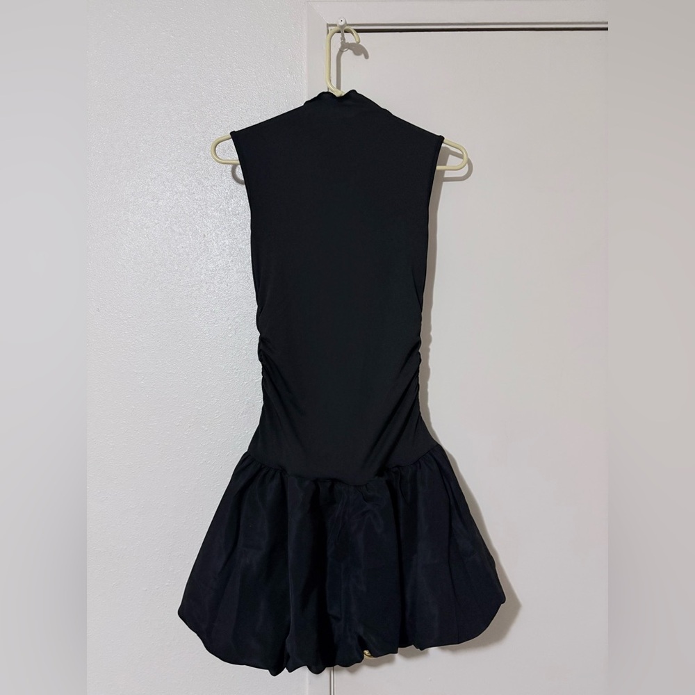 Black Short Sleeve Tight Mini Bubble Skirt Body Con Dress XS